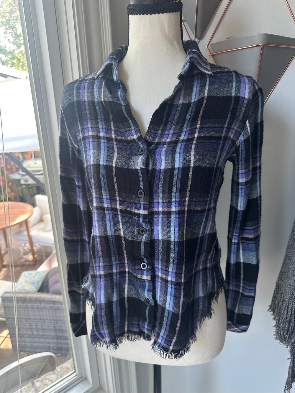 CLOTH & STONE ANTHROPOLOGIE Black Purple Plaid Flannel Button-Up Top Shirt Sz XS